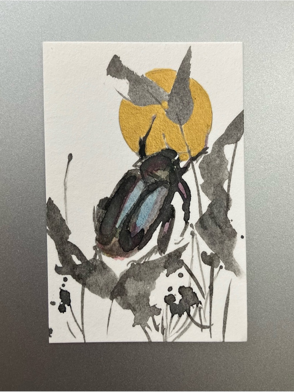 Original scarab beetle painting miniature realism art sumi-e artwork USA